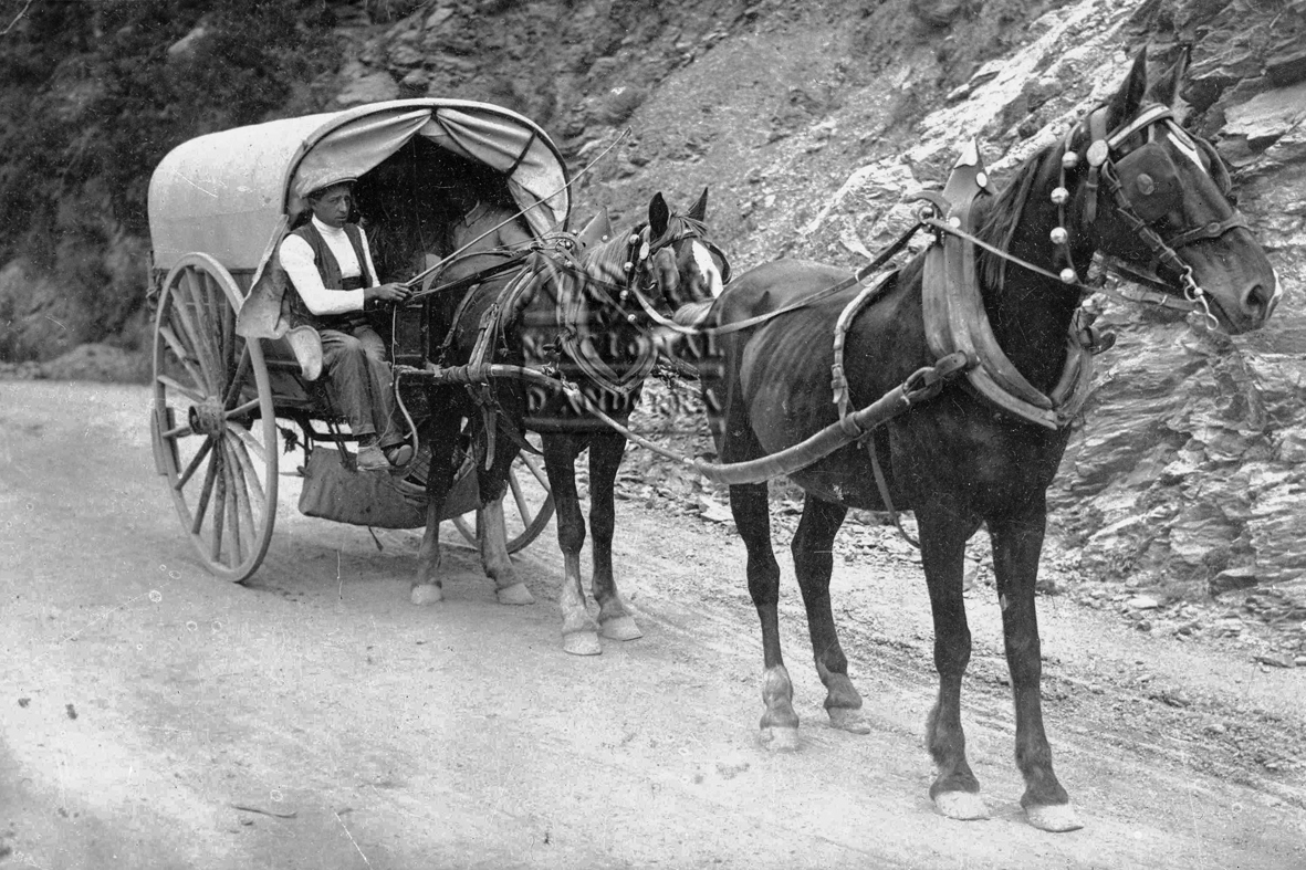 182-FBUI: Una tartana de lona rodona i amb un tir de dos cavalls dirigits per un home